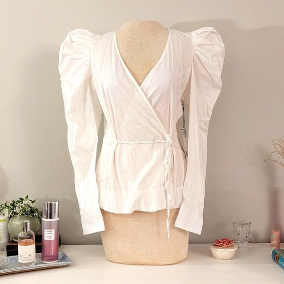 Jason Wu Cotton Long Puff Sleeve Wrap Blouse - Picture 4 of 15